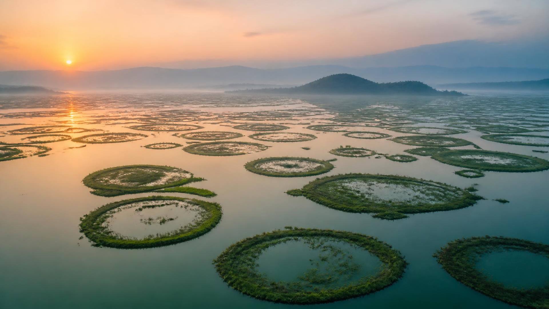 Dawn over Loktak Lake, Manipur, with its circular floating phumdi islands